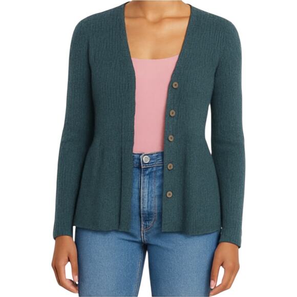 Free People Wool Cardigan Peplum Sweater Tiered Tier Knit Button Teal Small - Picture 1 of 5